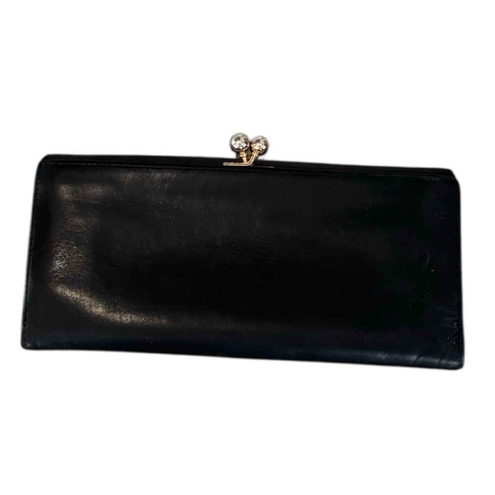 Vtg Tusk Black Leather Kiss lock Fold Over Long Continental Wallet Purple Tan